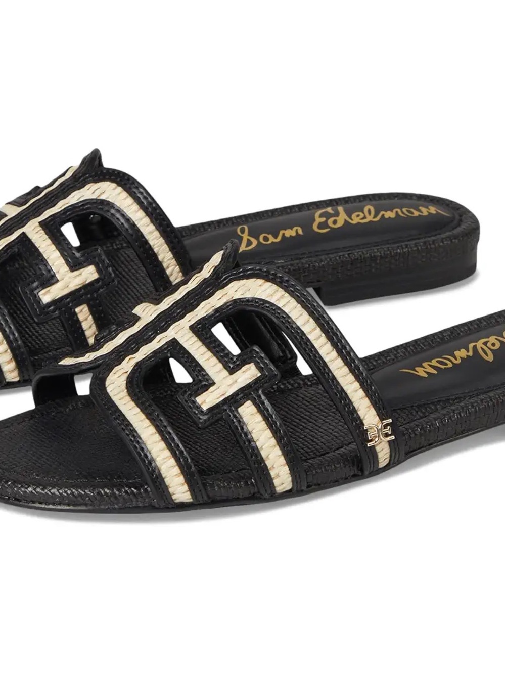 Sam Edelman-Bay Premium Cork-Wicker Raffia Linen/Black Slide Sandals-Sz 9.5